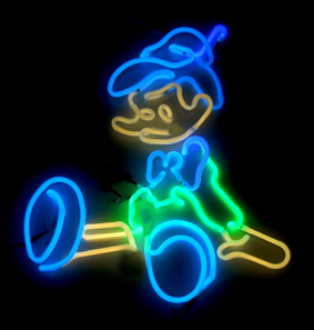 Pinocchio, made in Neon by the use of different coloured glass tubes